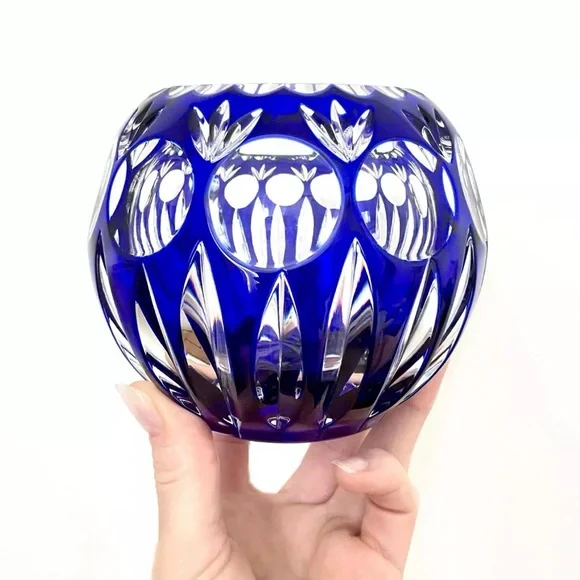 VTG Bamberg Colbalt Blue Rose Bowl/ Cut Lead Crystal / Mid-Century / Orb Vase